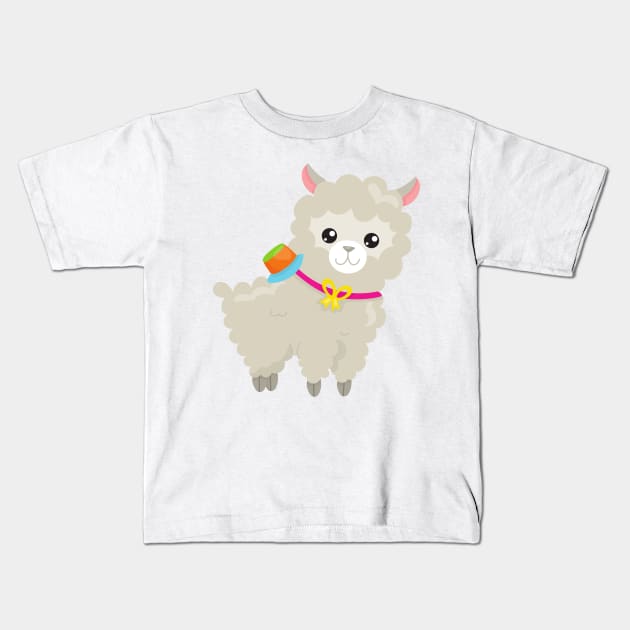 Cute Llama, Alpaca, Little Llama, Llama With Hat Kids T-Shirt by Jelena Dunčević